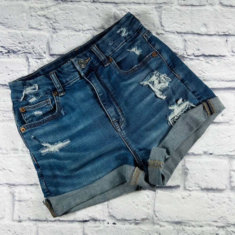 American Eagle Curvy Hi Rise Distressed Denim Shorts Blue Womens 2 Frayed Hem